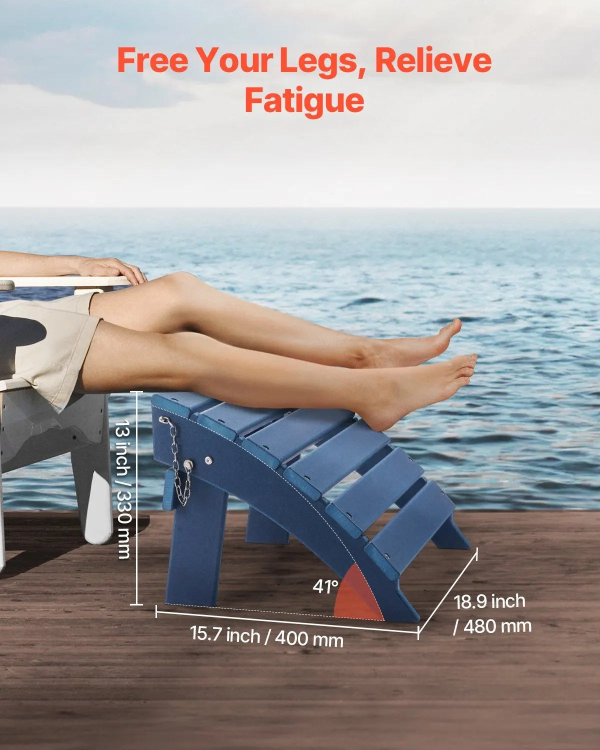 HDPE Plastic Folding Adirondack Ottoman, 40L x 48W x 33H cm Weather-Resistant Footrest for Porch, Pool, Lawn & Backyard, Blue - Image 4