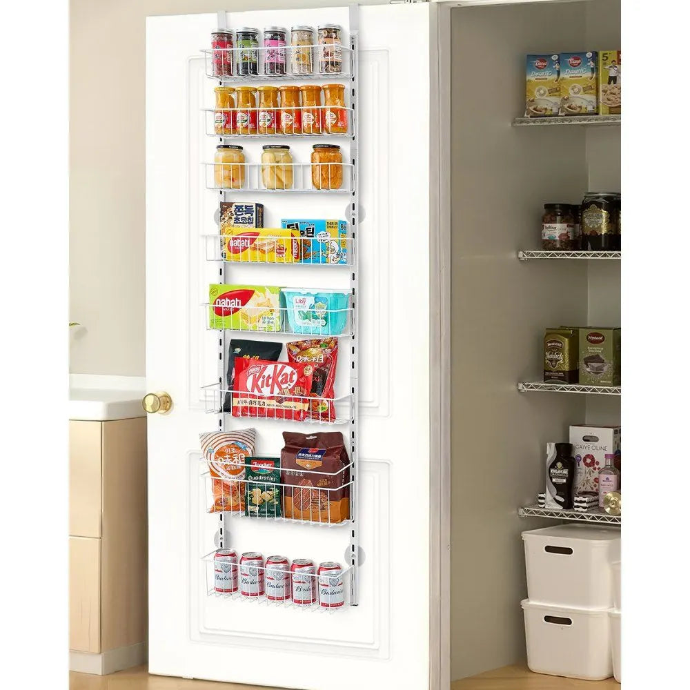 8-Tier Over-the-Door Pantry Storage Organizer, Heavy-Duty Steel Hanging Spice Rack with Adjustable Shelves, for Kitchen, Laundry Room & Bathroom, White