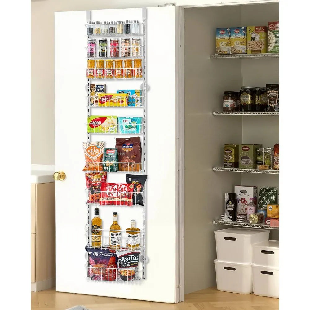 9-Tier Over-the-Door Pantry Storage Organizer, Heavy-Duty Steel Hanging Spice Rack with Adjustable Shelves, for Kitchen, Laundry Room & Bathroom, White