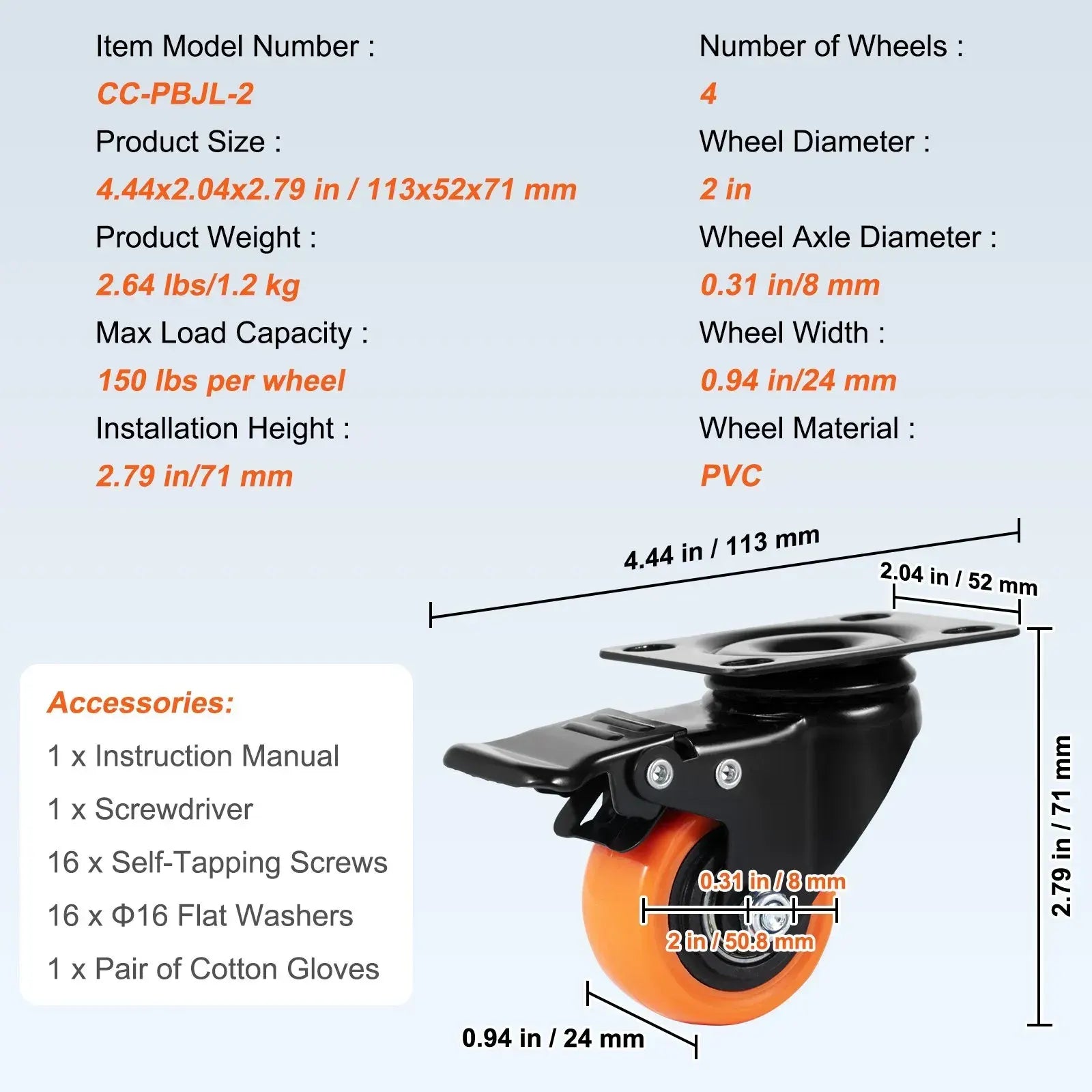 Caster Wheels, 50.8 mm Swivel Plate Casters, Set of 4, Heavy Duty 68 kg Load Capacity Per Caster - Image 3