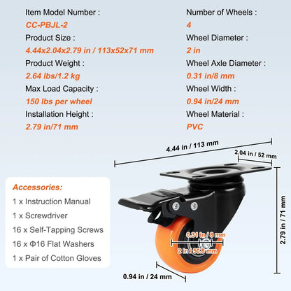 Caster Wheels, 50.8 mm Swivel Plate Casters, Set of 4, Heavy Duty 68 kg Load Capacity Per Caster - Image 3