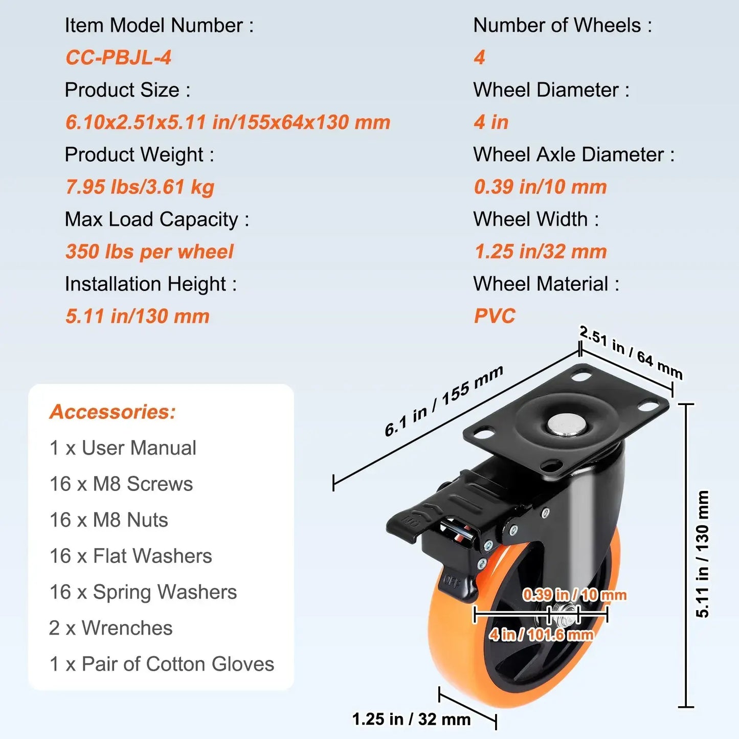 Caster Wheels, 101.6 mm Swivel Plate Casters, Set of 4, Heavy Duty 159 kg Load Capacity Per Caster - Image 4