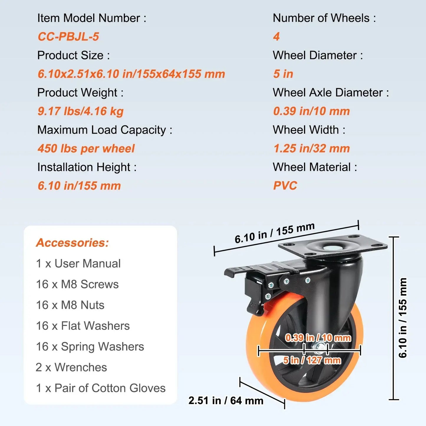 Caster Wheels, 127 mm Swivel Plate Casters, Set of 4, Heavy Duty 204 kg Load Capacity Per Caster - Image 4