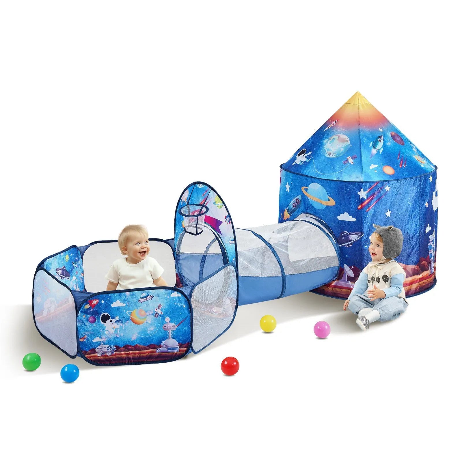 3 in 1 Kids Play Tent with Tunnel for Boys, Girls, Babies and Toddlers, Royal Blue Color Rocket Theme