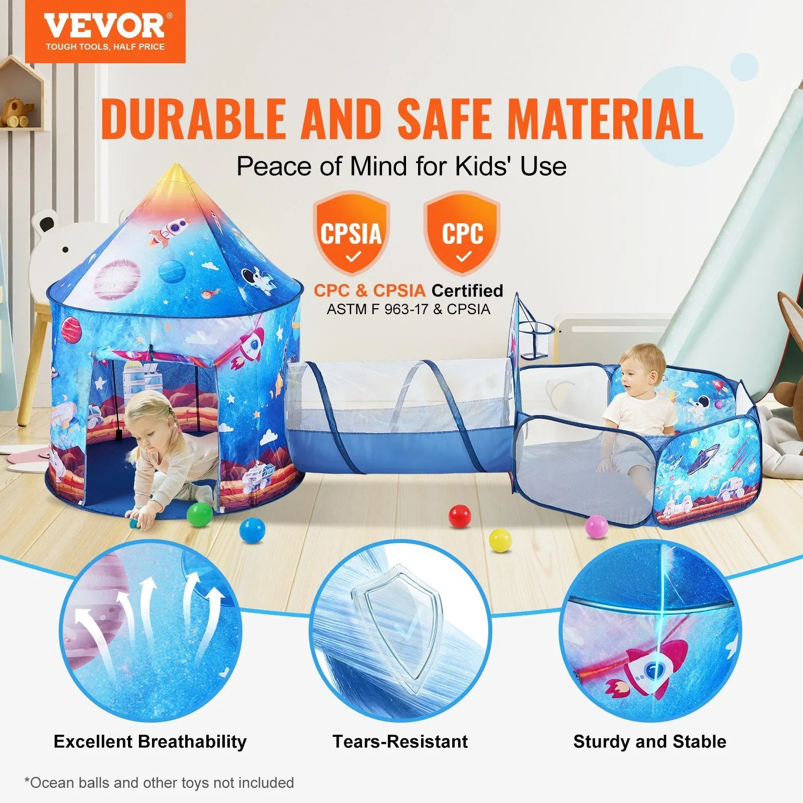 3 in 1 Kids Play Tent with Tunnel for Boys, Girls, Babies and Toddlers, Royal Blue Color Rocket Theme - Image 2