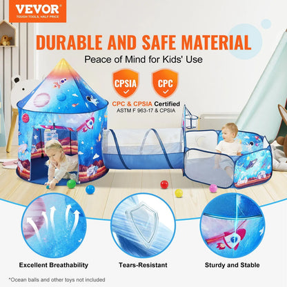 3 in 1 Kids Play Tent with Tunnel for Boys, Girls, Babies and Toddlers, Royal Blue Color Rocket Theme - Image 2