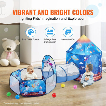 3 in 1 Kids Play Tent with Tunnel for Boys, Girls, Babies and Toddlers, Royal Blue Color Rocket Theme - Image 4