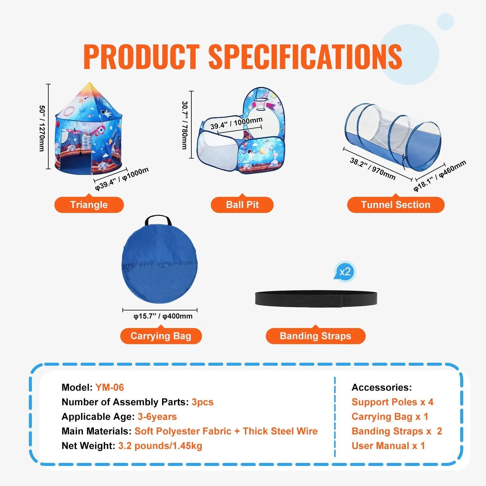 3 in 1 Kids Play Tent with Tunnel for Boys, Girls, Babies and Toddlers, Royal Blue Color Rocket Theme - Image 5