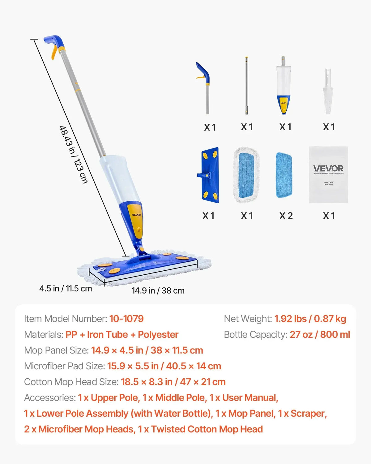 Spray Mop, with 3 Washable Pads for Dry and Wet Floor Cleaning & an 800ml Refillable Water Tank - Image 3