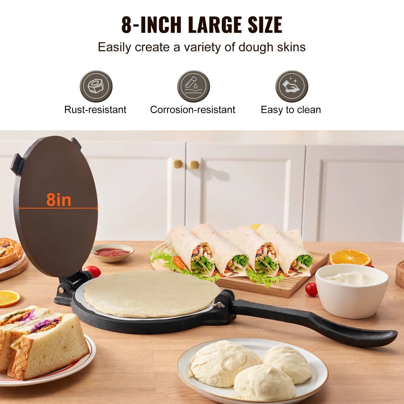 200mm Cast Iron Tortilla Press Heavy Duty Tortilla and Roti Maker Pre Seasoned Tortilladora with 100 Pcs Parchment Paper for Flour Tortillas Tawa Silver - Image 3