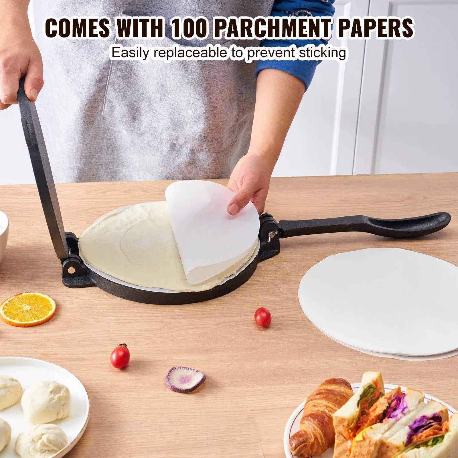200mm Cast Iron Tortilla Press Heavy Duty Tortilla and Roti Maker Pre Seasoned Tortilladora with 100 Pcs Parchment Paper for Flour Tortillas Tawa Silver - Image 4