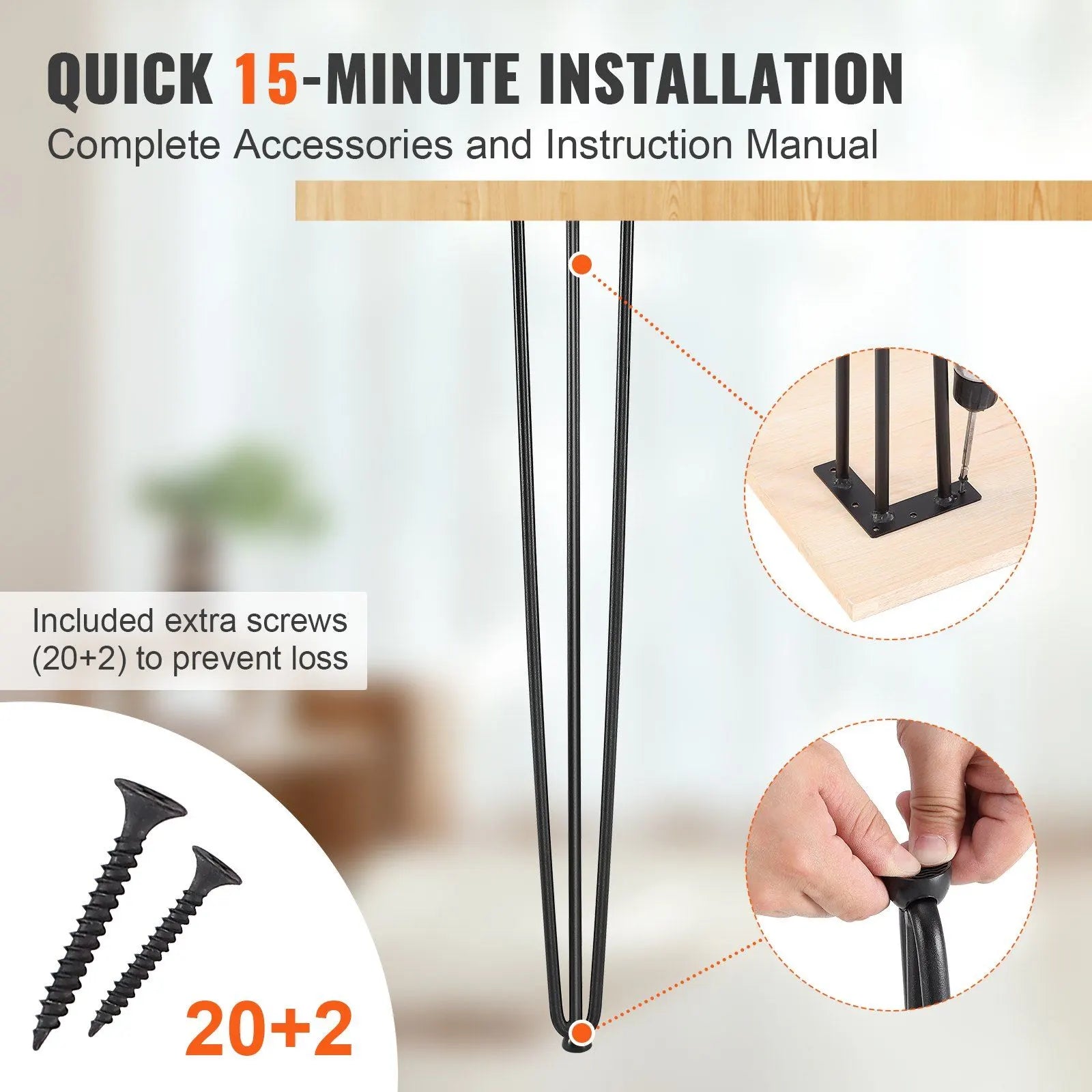 Hairpin Table Legs 28 Inch Set of 4, Heavy Duty 3-Rod Steel Desk Legs with 900 lbs Load Capacity, Carbon Steel Furniture Legs with Rubber Floor Protectors for Desk, Bench, Dining Table, Black - Image 3