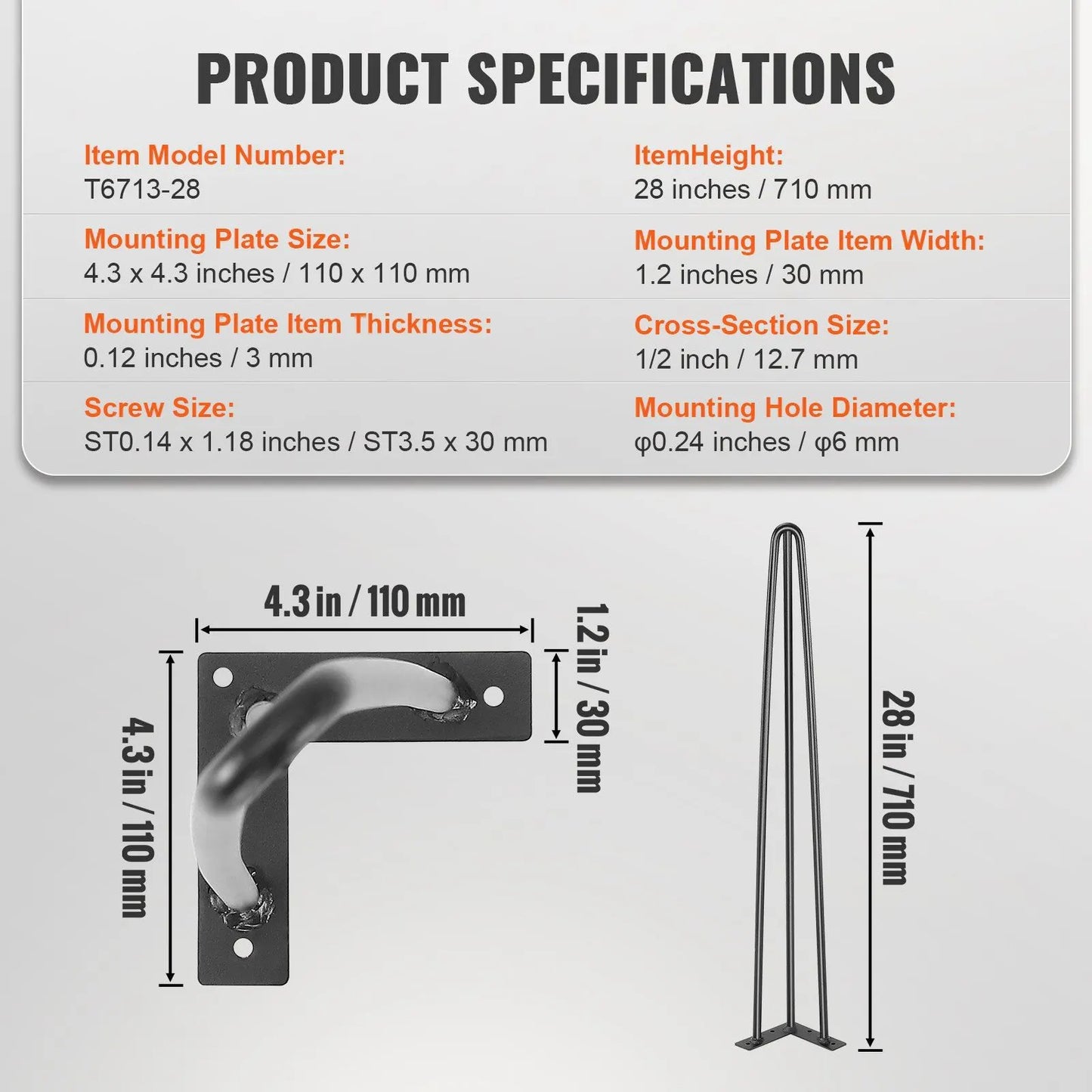 Hairpin Table Legs 28 Inch Set of 4, Heavy Duty 3-Rod Steel Desk Legs with 900 lbs Load Capacity, Carbon Steel Furniture Legs with Rubber Floor Protectors for Desk, Bench, Dining Table, Black - Image 4