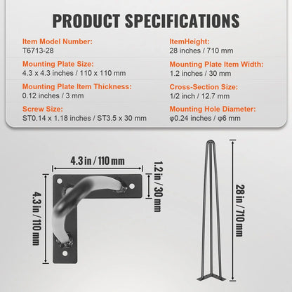 Hairpin Table Legs 28 Inch Set of 4, Heavy Duty 3-Rod Steel Desk Legs with 900 lbs Load Capacity, Carbon Steel Furniture Legs with Rubber Floor Protectors for Desk, Bench, Dining Table, Black - Image 4
