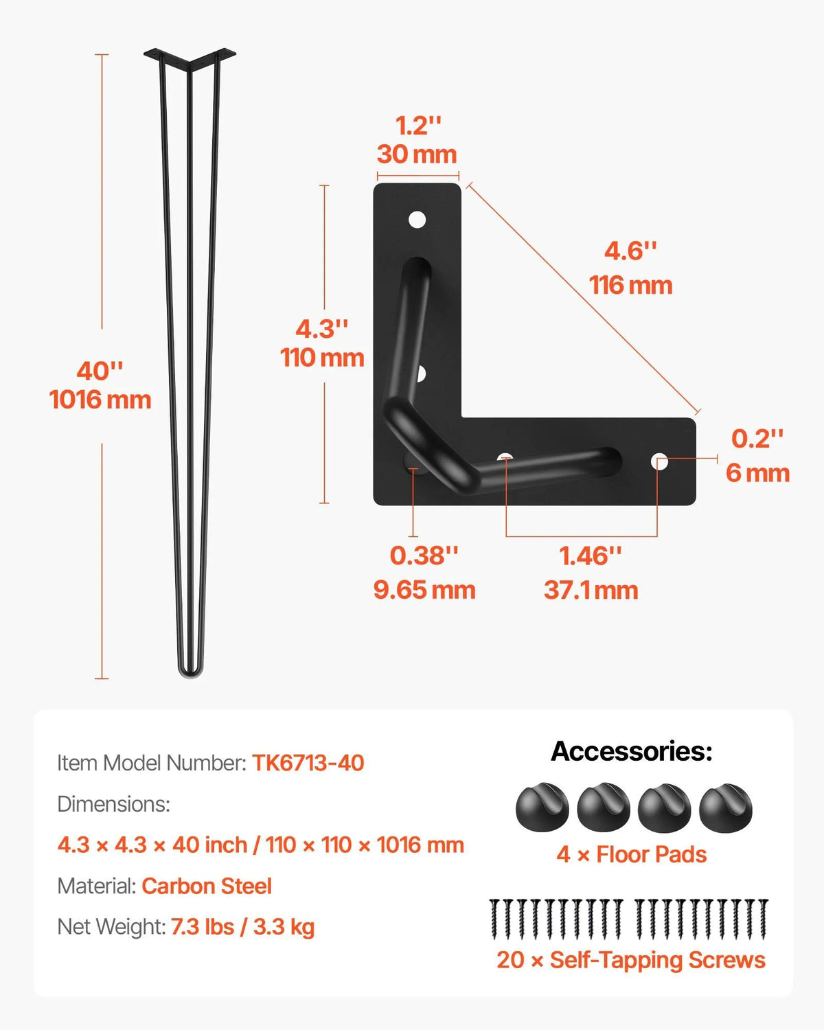 4 Pack Hairpin Table Legs 101.6cm Black Heavy Duty 3 Rod Carbon Steel Furniture Legs for Desk Dining Table Bench End Table DIY Each Supports 99.8kg - Image 2