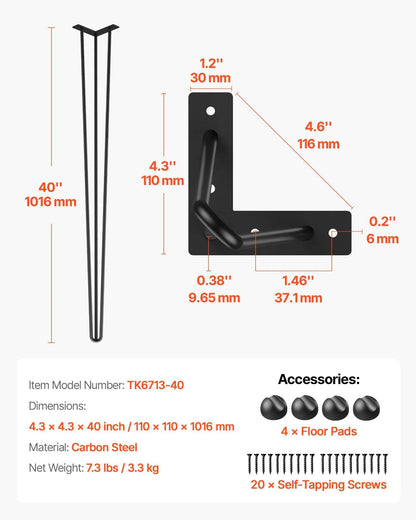 4 Pack Hairpin Table Legs 101.6cm Black Heavy Duty 3 Rod Carbon Steel Furniture Legs for Desk Dining Table Bench End Table DIY Each Supports 99.8kg - Image 2