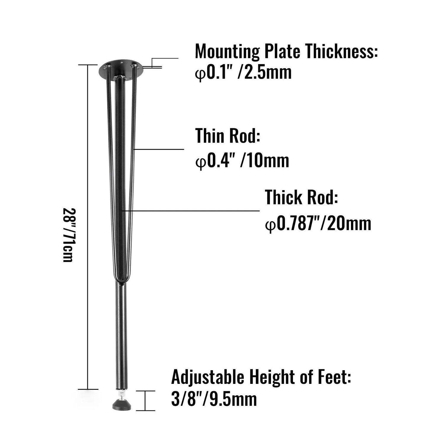 28 Inch Hairpin Metal Table Legs Set of 4 Heavy Duty 3 Rod Wrought Iron Furniture Legs with Rubber Floor Protectors for Dining Coffee Desk DIY Table Black