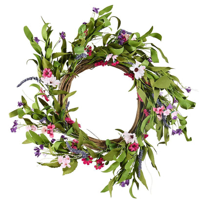 Artificial Decorative Wreath 55.88cm Pink Green Daisy Baby's Breath Floral Wreath with Buds Year Round Faux Flower Wreath for Indoor Outdoor Home Wall Window Wedding Decor