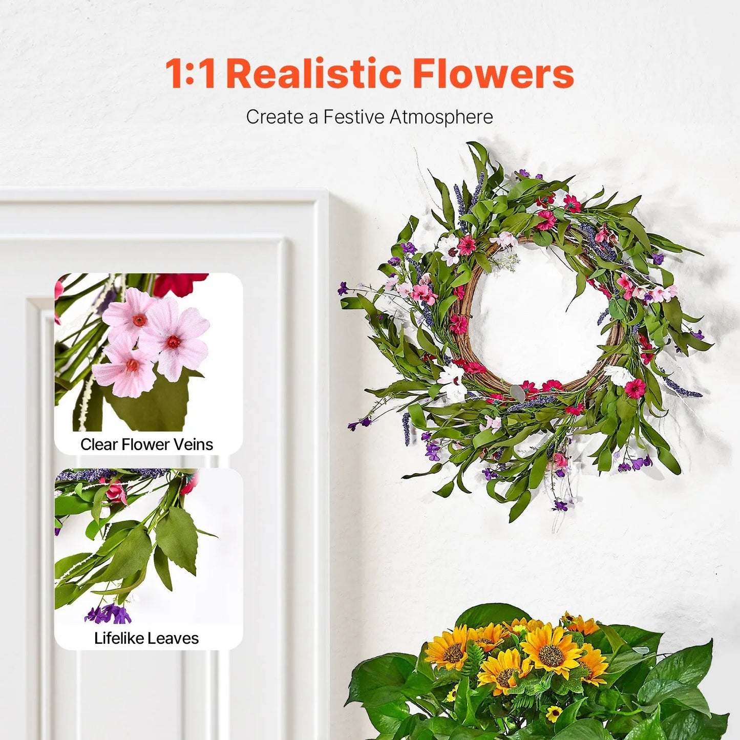 Artificial Decorative Wreath 55.88cm Pink Green Daisy Baby's Breath Floral Wreath with Buds Year Round Faux Flower Wreath for Indoor Outdoor Home Wall Window Wedding Decor - Image 2