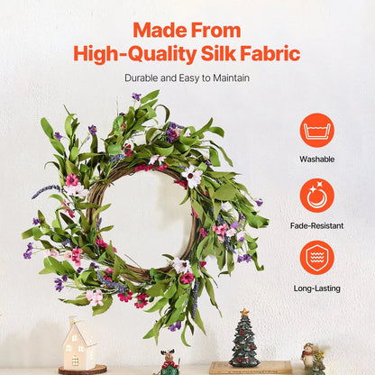 Artificial Decorative Wreath 55.88cm Pink Green Daisy Baby's Breath Floral Wreath with Buds Year Round Faux Flower Wreath for Indoor Outdoor Home Wall Window Wedding Decor - Image 3