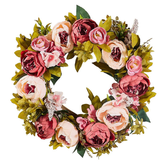 Artificial Decorative Wreath 48.26cm Pink Peony Hydrangea Baby's Breath Floral Wreath Year Round Faux Flower Wreath for Indoor Outdoor Home Wall Window Wedding Decor