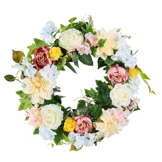 Artificial Decorative Wreath 60.96cm White Pink Yellow Peony Hydrangea Floral Wreath Year Round Faux Flower Wreath for Indoor Outdoor Home Wall Window Wedding Decor