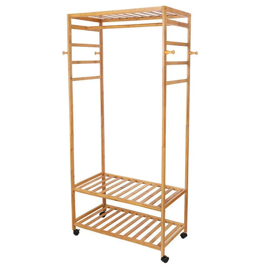 169cm Mildrew-proof Bamboo Clothes Shelves Stand On Wheels Coat Shoes Bags Rack - Image 2