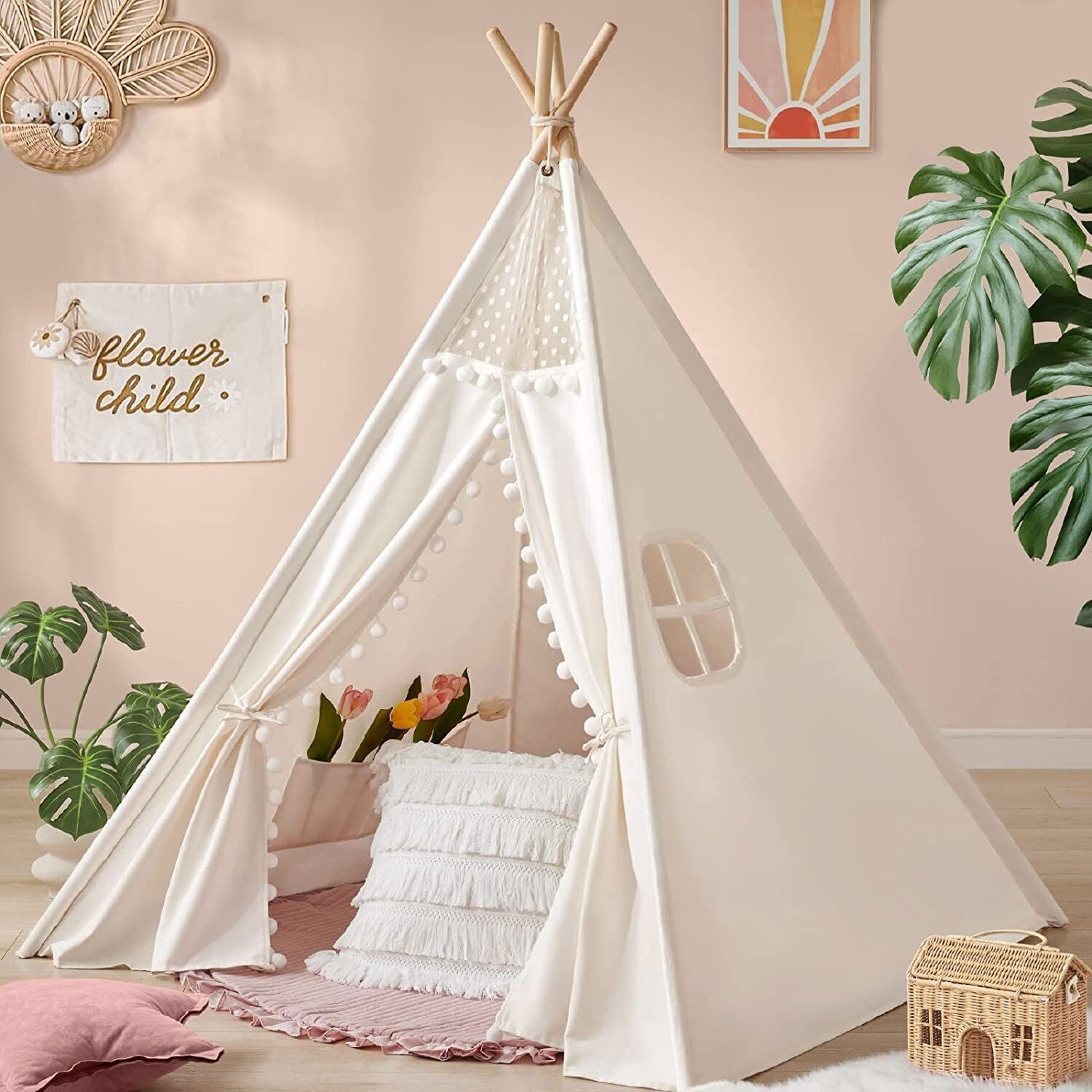 Xxl Kids Play Teepee Tent Indoor Boho Tent Foldable Tipi With Window/Pompom/Mat - Image 2