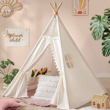 Xxl Kids Play Teepee Tent Indoor Boho Tent Foldable Tipi With Window/Pompom/Mat - Image 2