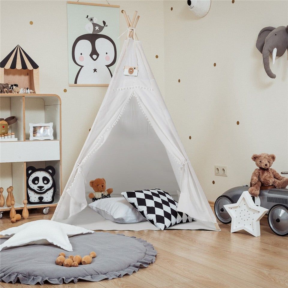 Xxl Kids Play Teepee Tent Indoor Boho Tent Foldable Tipi With Window/Pompom/Mat - Image 6