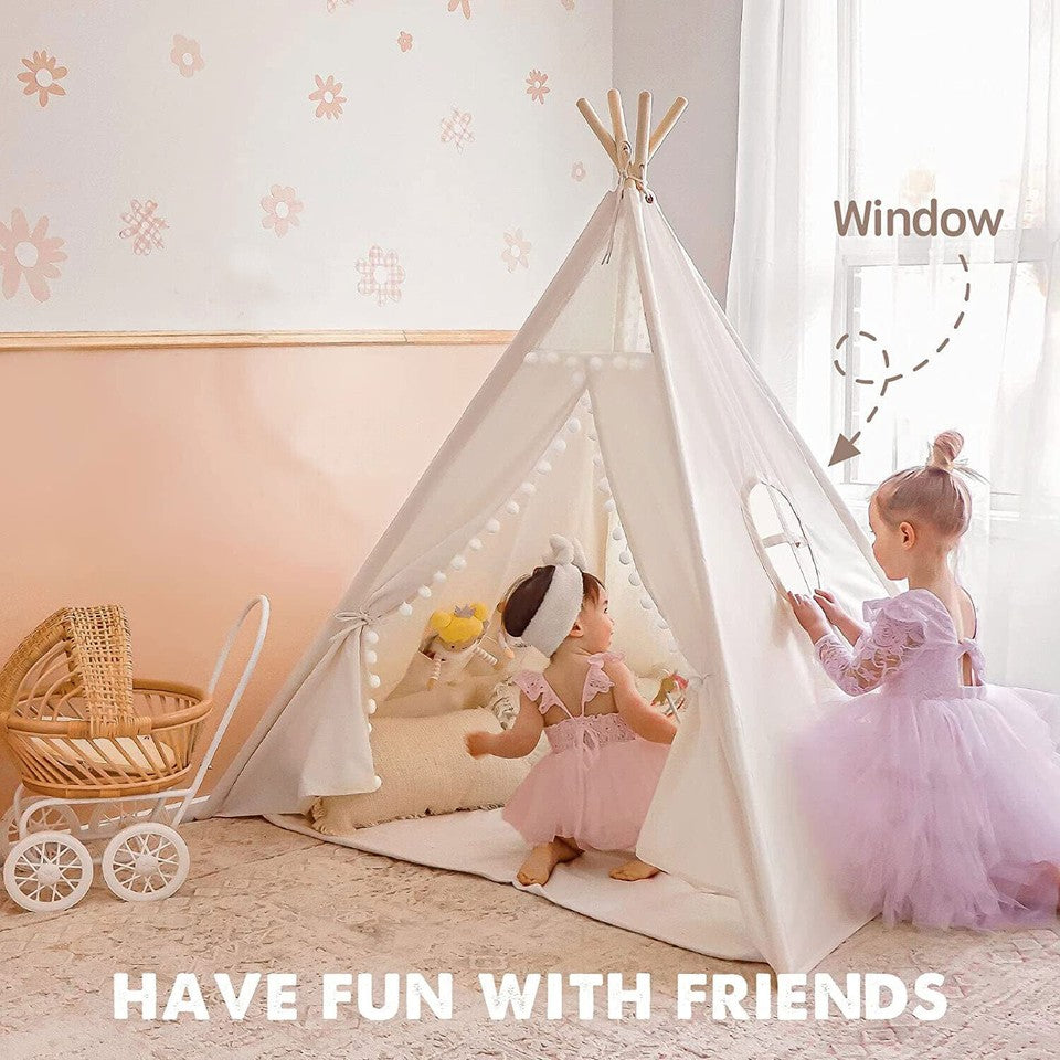 Xxl Kids Play Teepee Tent Indoor Boho Tent Foldable Tipi With Window/Pompom/Mat - Image 8