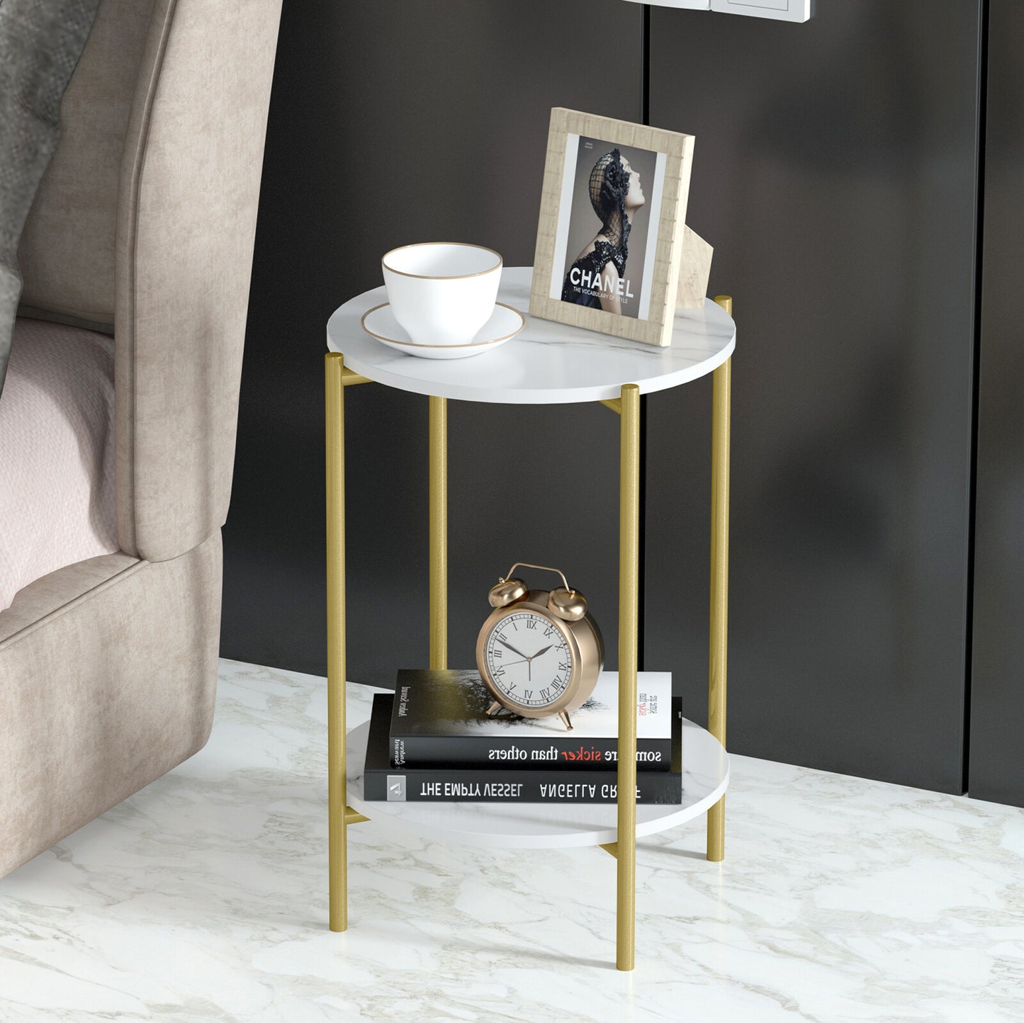 e Store - Marble Sofa Side End Table/Coffee Table with Shelf & Gold Iron Legs - Image 2