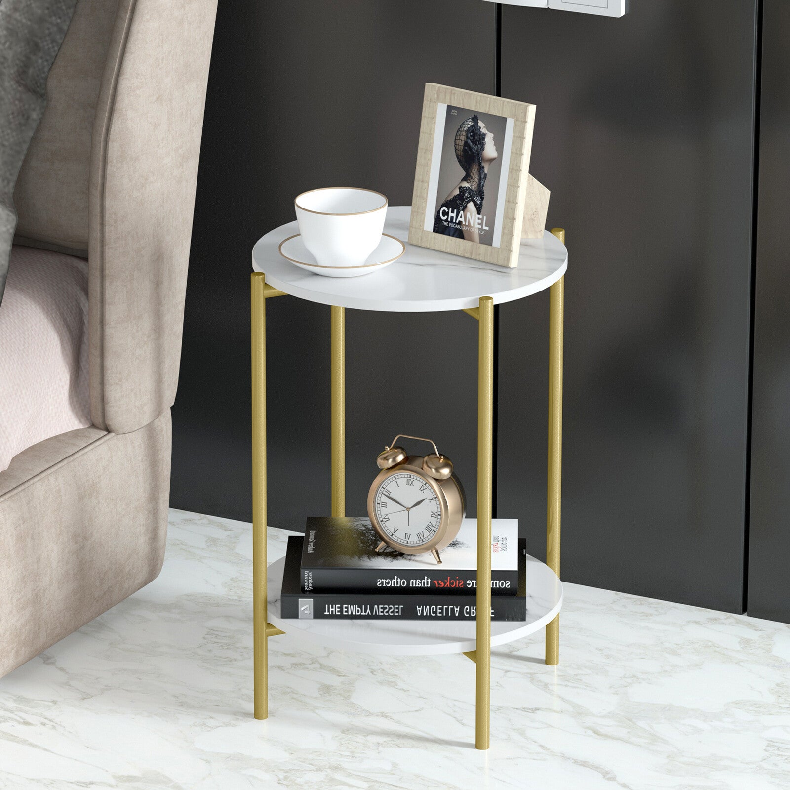 e Store - Marble Sofa Side End Table/Coffee Table with Shelf & Gold Iron Legs - Image 2