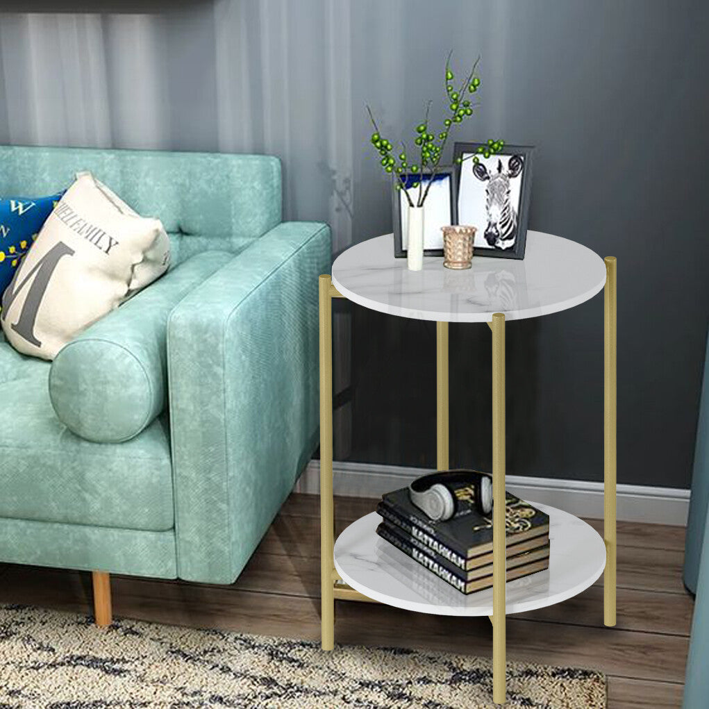 e Store - Marble Sofa Side End Table/Coffee Table with Shelf & Gold Iron Legs - Image 3