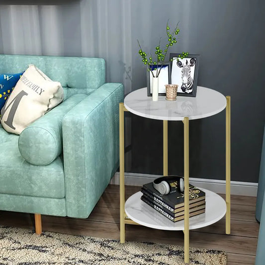 e Store - Marble Sofa Side End Table/Coffee Table with Shelf & Gold Iron Legs - Image 3