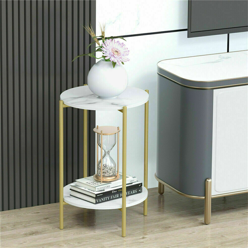 e Store - Marble Sofa Side End Table/Coffee Table with Shelf & Gold Iron Legs - Image 4