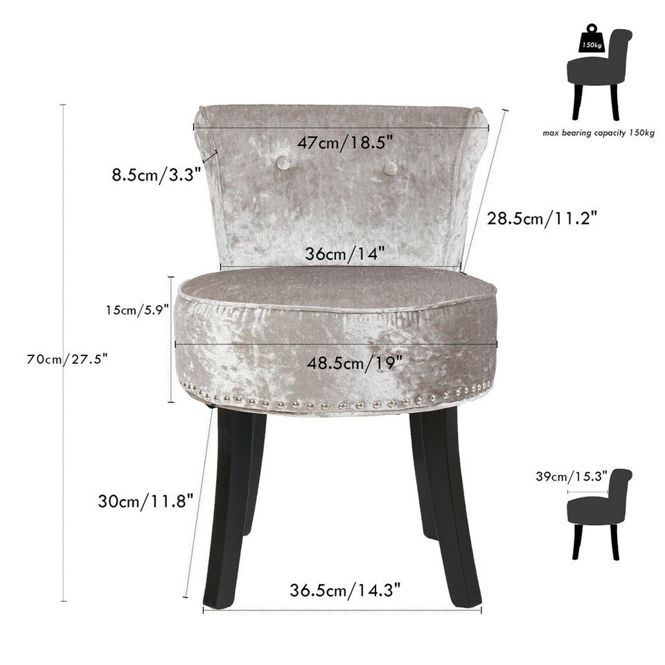 Grey Round Vanity Stool with Padded Seat and Backrest - Image 2