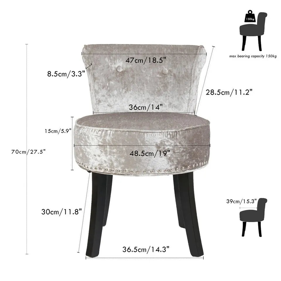 Grey Round Vanity Stool with Padded Seat and Backrest - Image 2