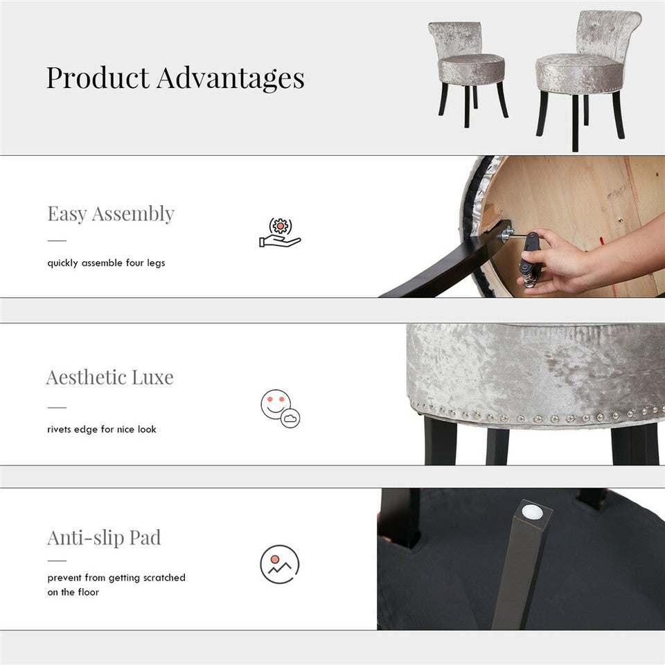 Grey Round Vanity Stool with Padded Seat and Backrest - Image 4