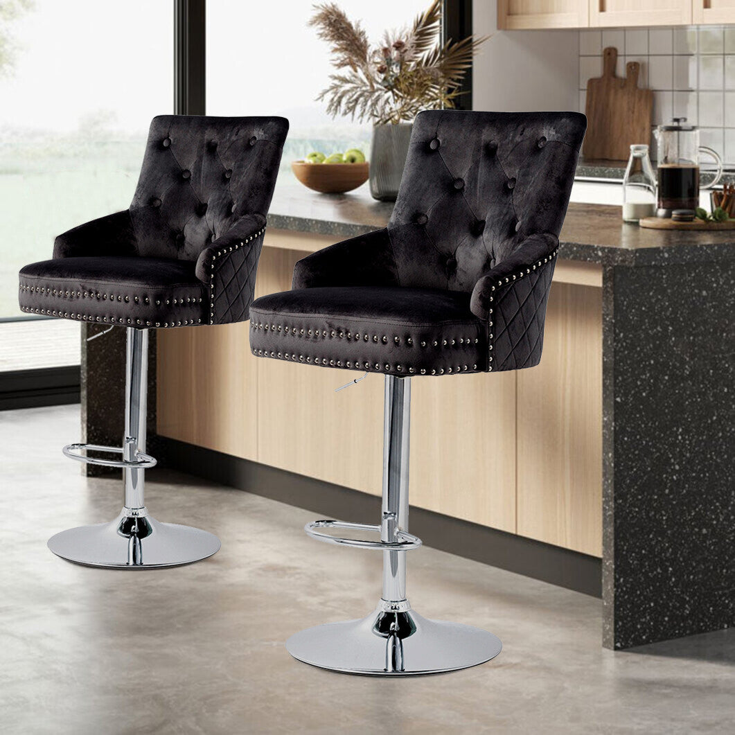 Luxury Black Velvet Swivel Bar Stool With Lion Knocker & Cross Stitch High Back - Image 2