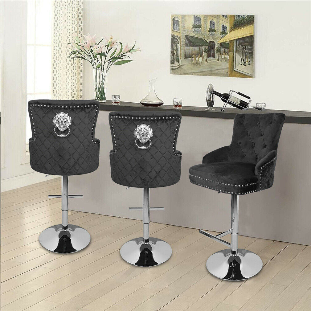 Luxury Black Velvet Swivel Bar Stool With Lion Knocker & Cross Stitch High Back - Image 4