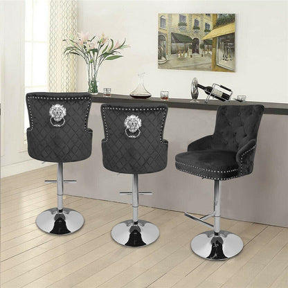 Luxury Black Velvet Swivel Bar Stool With Lion Knocker & Cross Stitch High Back - Image 4