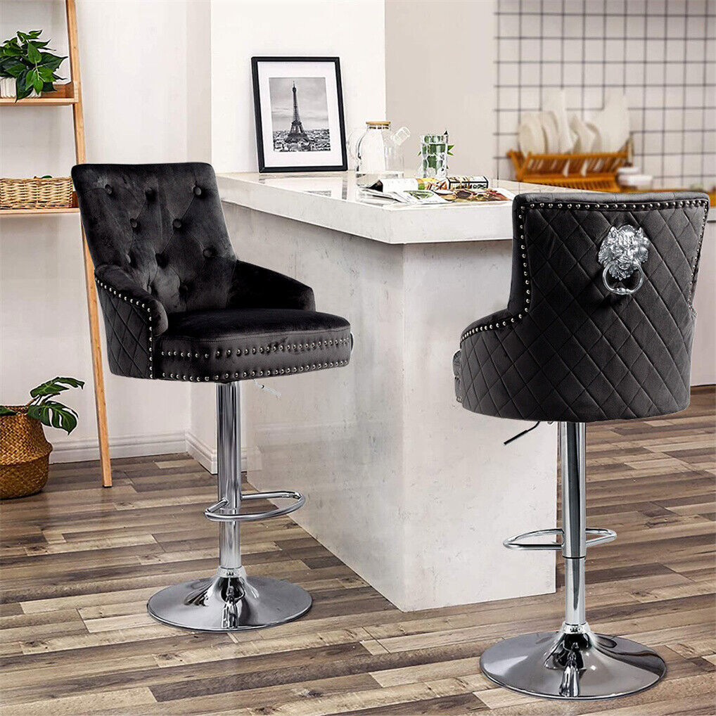 Luxury Black Velvet Swivel Bar Stool With Lion Knocker & Cross Stitch High Back - Image 5