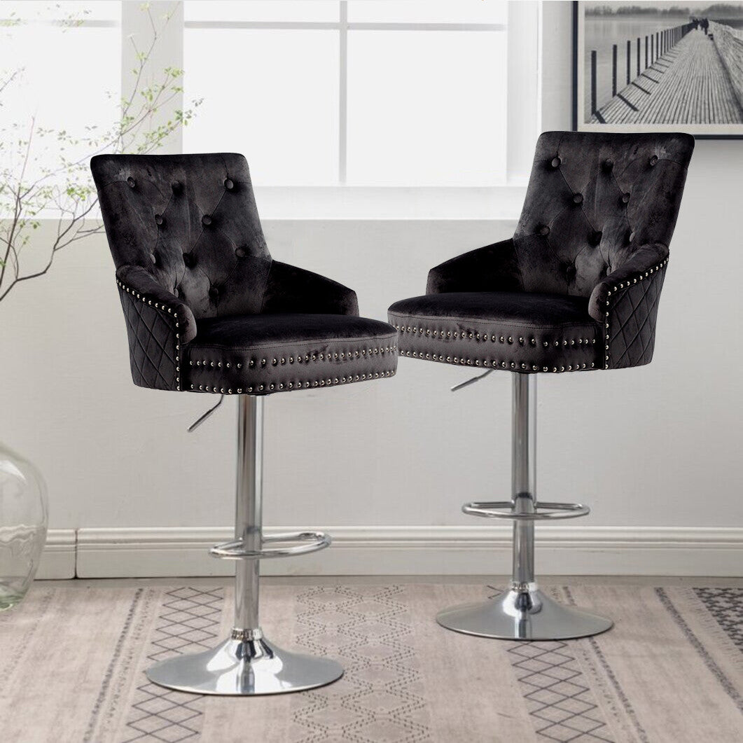 Luxury Black Velvet Swivel Bar Stool With Lion Knocker & Cross Stitch High Back - Image 6