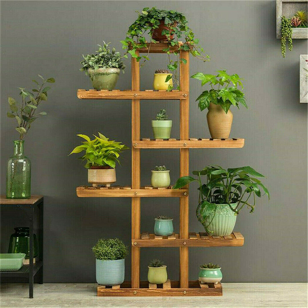 Fin Xxl Carbonized Wood Plant Stand 11 Pots Bonsai Display Shelf Flower Rack Corner - Image 3