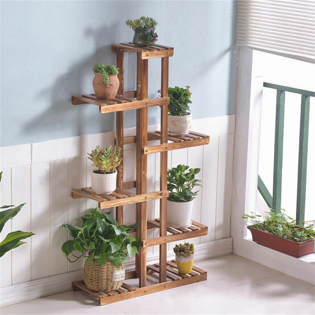 Fin Xxl Carbonized Wood Plant Stand 11 Pots Bonsai Display Shelf Flower Rack Corner - Image 4