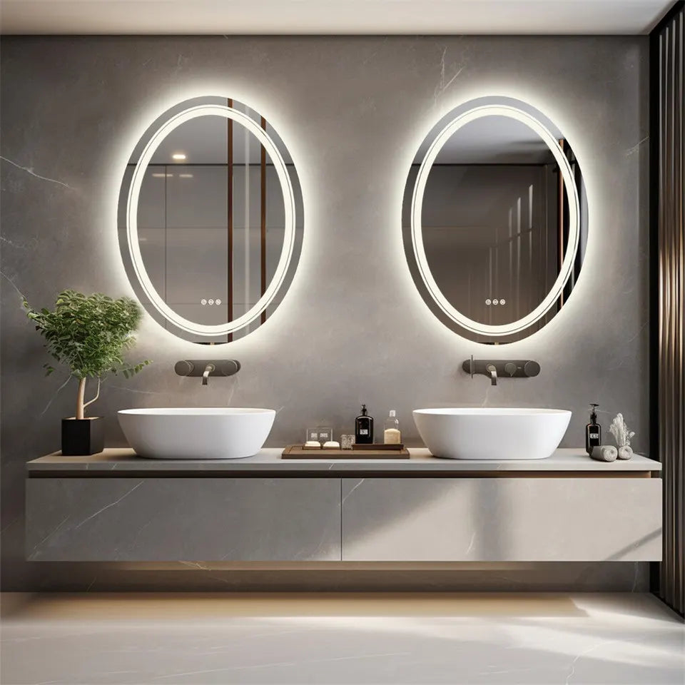 60x80cm Oval Backlit + Front LED Bathroom Mirror Dimmable Shatter-Proof Vanity Mirror - Image 8