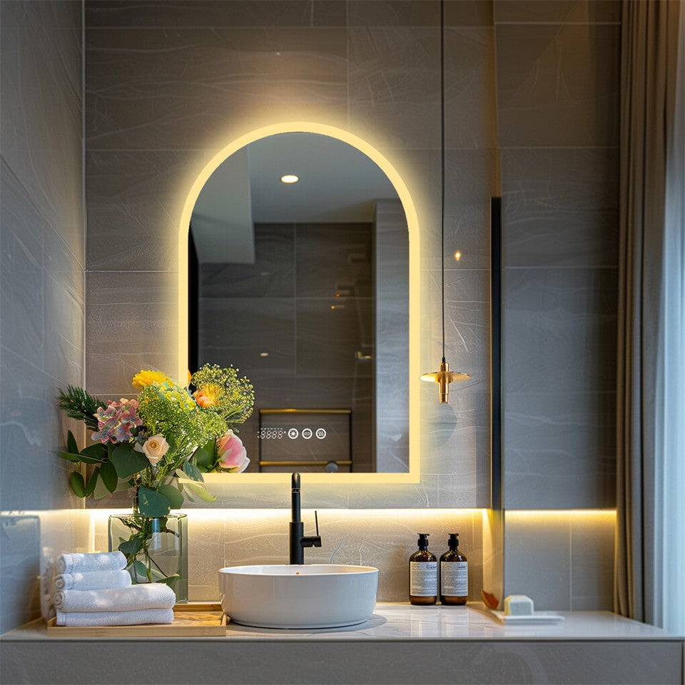 Arch Dimmable Led Bathroom Vanity Mirror w Antifog Temperature Date Time Display - Image 3
