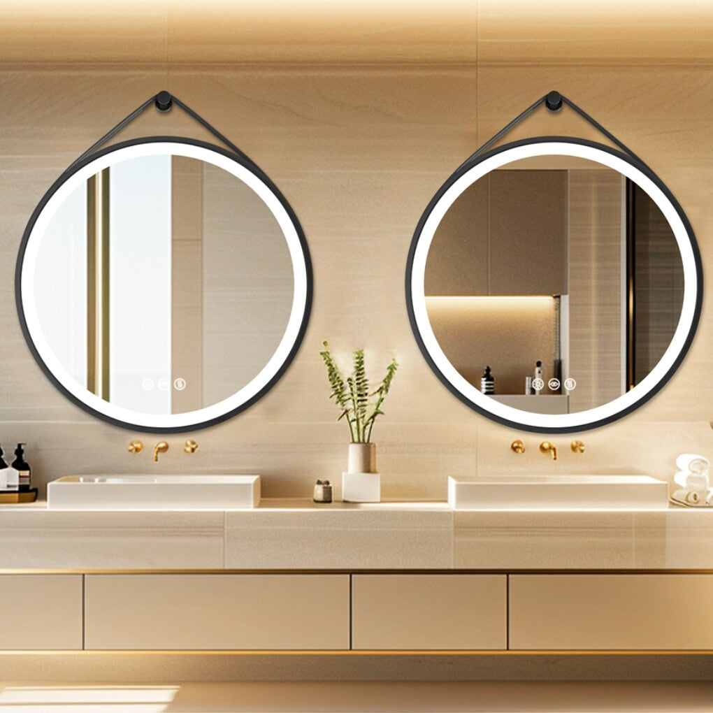 Round 700mm LED Bathroom Mirror with Leather Strap - Anti-Fog Dimmable Backlit Vanity Mirror - Wall Hanging Lighted Mirror - Image 2