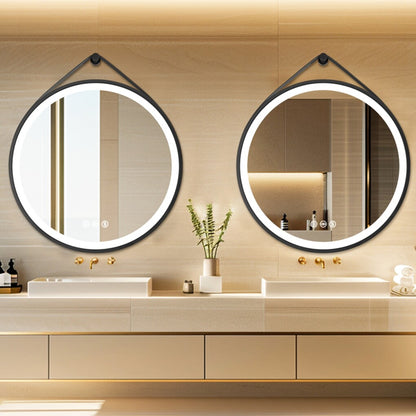 Round 700mm LED Bathroom Mirror with Leather Strap - Anti-Fog Dimmable Backlit Vanity Mirror - Wall Hanging Lighted Mirror - Image 2